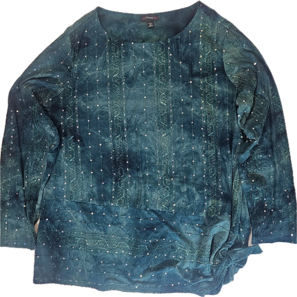 Cocomo Blouse Womens 2X Green Sequin Embroidered Long Sleeve Tunic Top Tie Hem‎